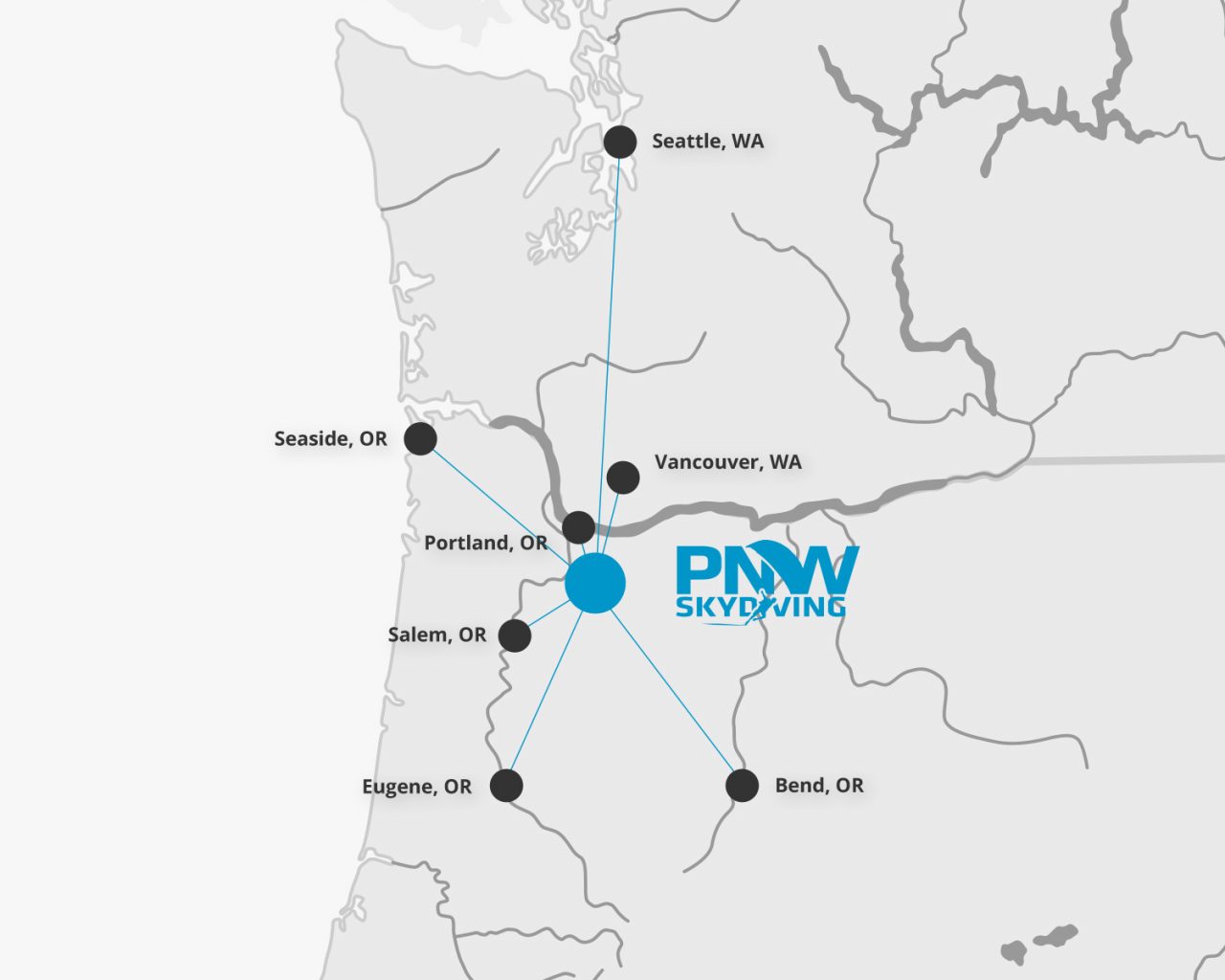 Proximity map showing the location of PNW Skydiving in relation to Portland, Salem, Eugene and Bend, OR